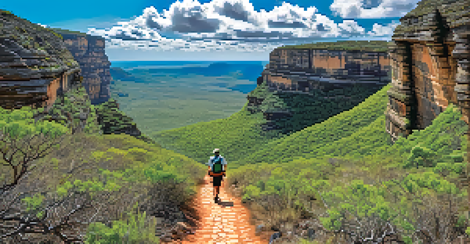 A picturesque hiking trail in Chapada Diamantina, with rocky paths, towering cliffs, and a hiker in the distance, set against a bright blue sky with clouds.