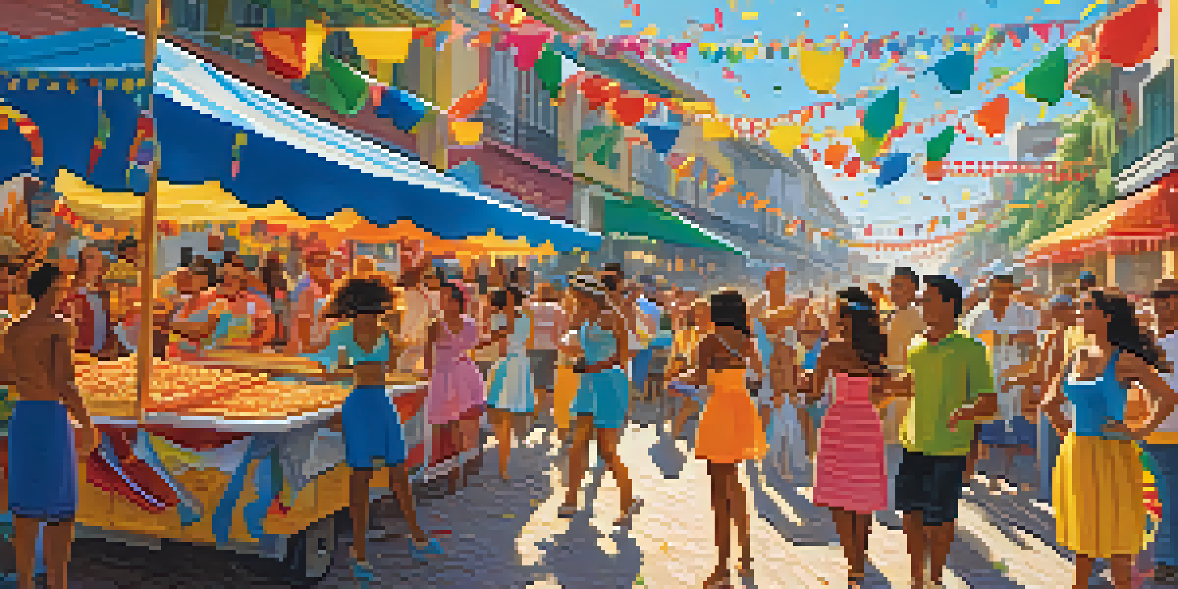A lively street scene during Carnival with food stalls serving traditional Brazilian dishes and samba dancers in bright costumes.