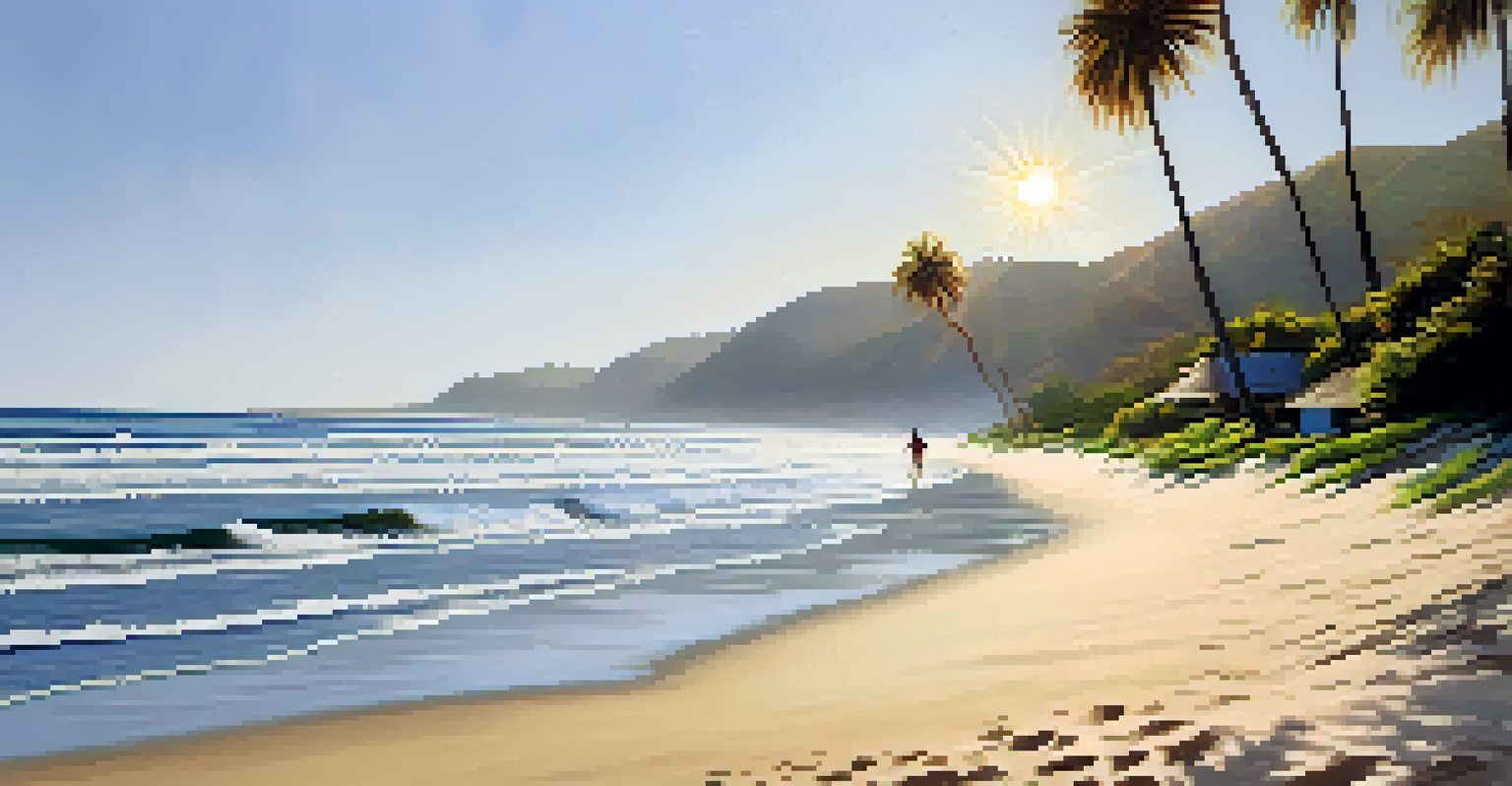 A tranquil beach scene at Icaraí de Amontada with a lone surfer and lush dunes in the background.