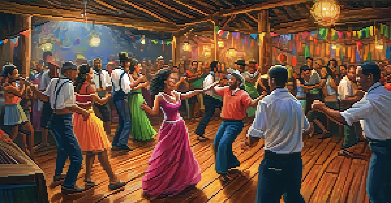 Couples dancing energetically at a forró dance party, with musicians playing accordion and zabumba in a warm, rustic setting.