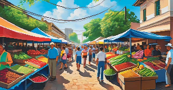 A lively market in Goiânia, Brazil, with colorful stalls and fresh produce.