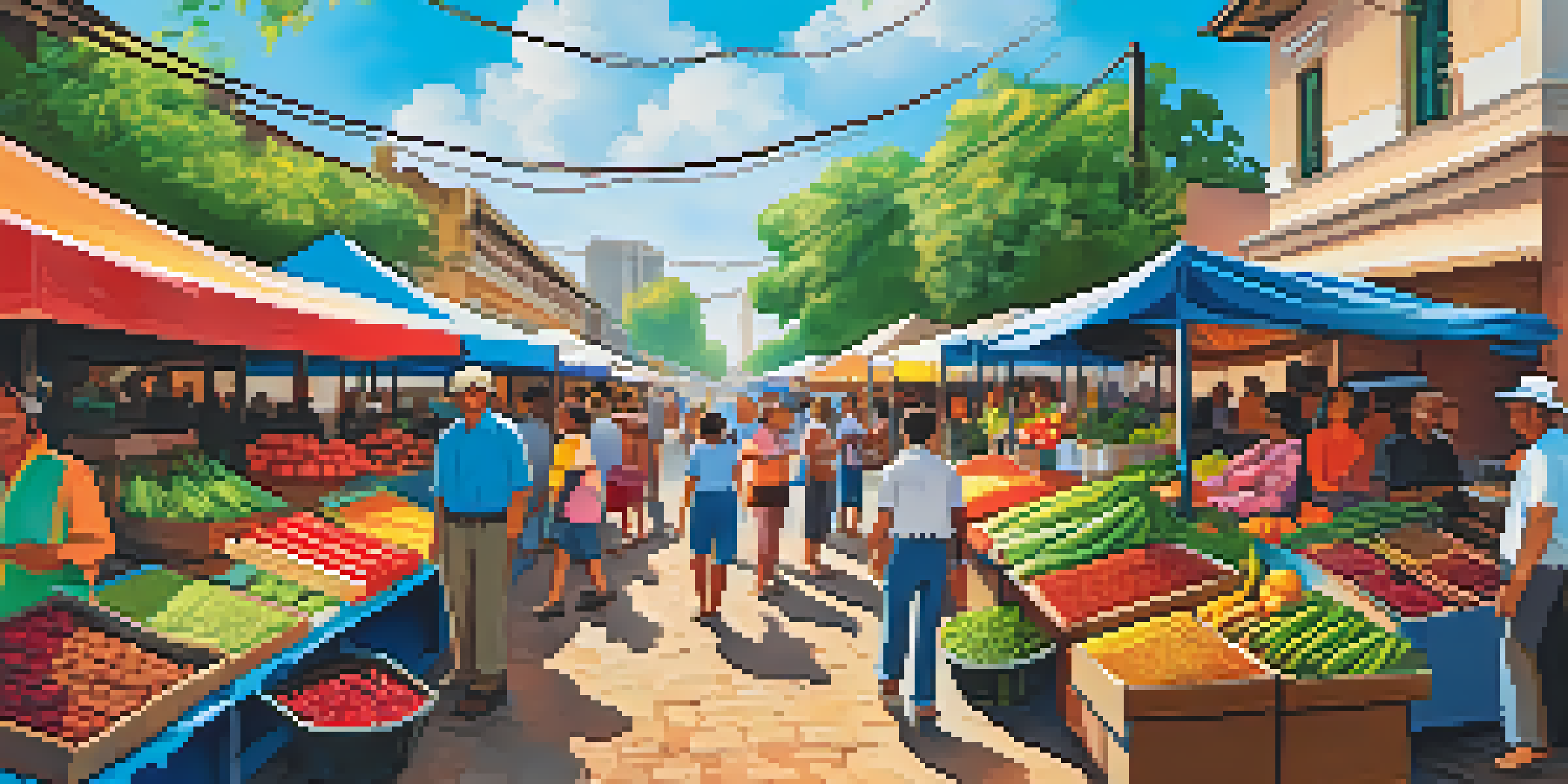 A lively market in Goiânia, Brazil, with colorful stalls and fresh produce.