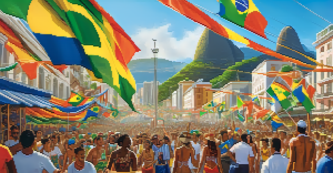 A vibrant street celebration in Rio de Janeiro with fans in football jerseys and samba dancers, set against the backdrop of Sugarloaf Mountain.