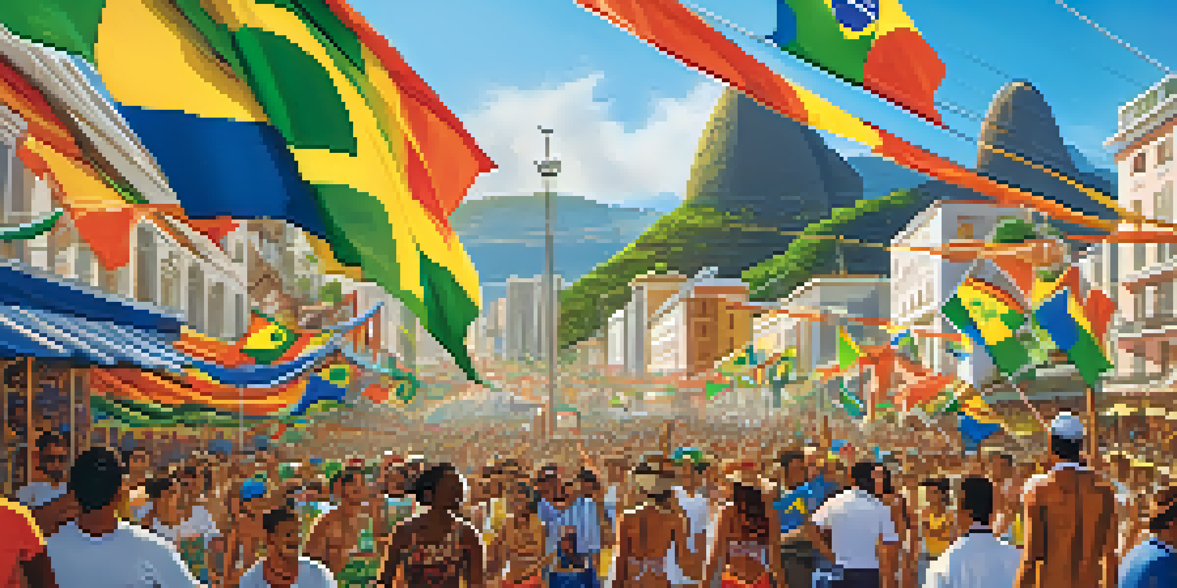A vibrant street celebration in Rio de Janeiro with fans in football jerseys and samba dancers, set against the backdrop of Sugarloaf Mountain.