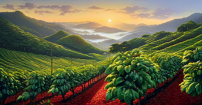 A scenic view of a Brazilian coffee plantation with coffee plants and ripe cherries illuminated by the sunrise.