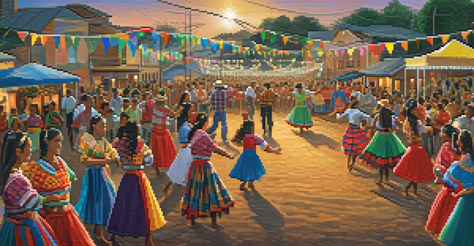 A lively Festa Junina with dancers in plaid costumes performing quadrilha, surrounded by festive decorations and a joyful community.