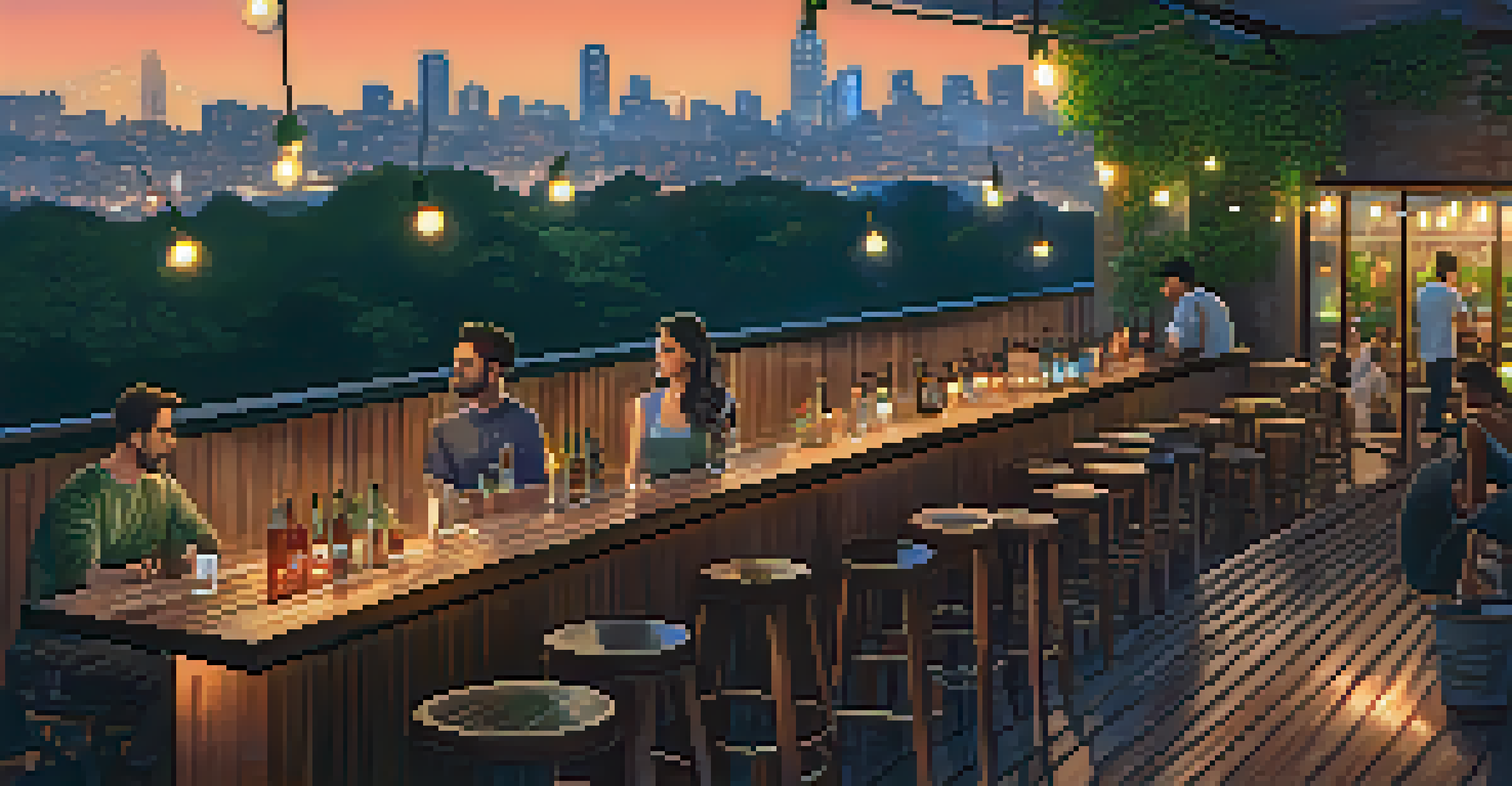A serene rooftop bar hidden among trees in Vila Nova Conceição, with patrons enjoying drinks in a cozy atmosphere.