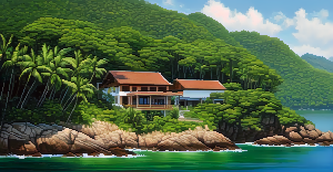 A peaceful eco-lodge surrounded by lush forest and clear water, emphasizing sustainability.