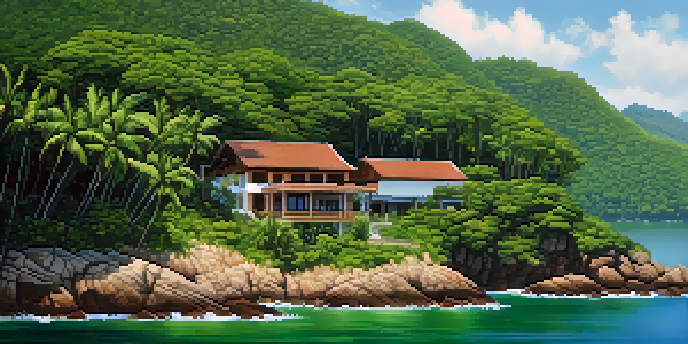 A peaceful eco-lodge surrounded by lush forest and clear water, emphasizing sustainability.