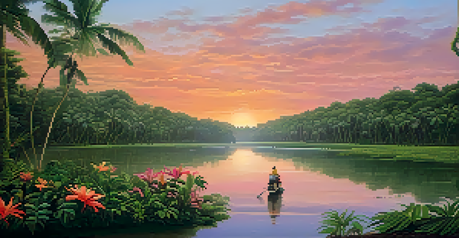 A beautiful sunset in the Amazon rainforest with a local guide leading travelers through lush greenery and a calm river.