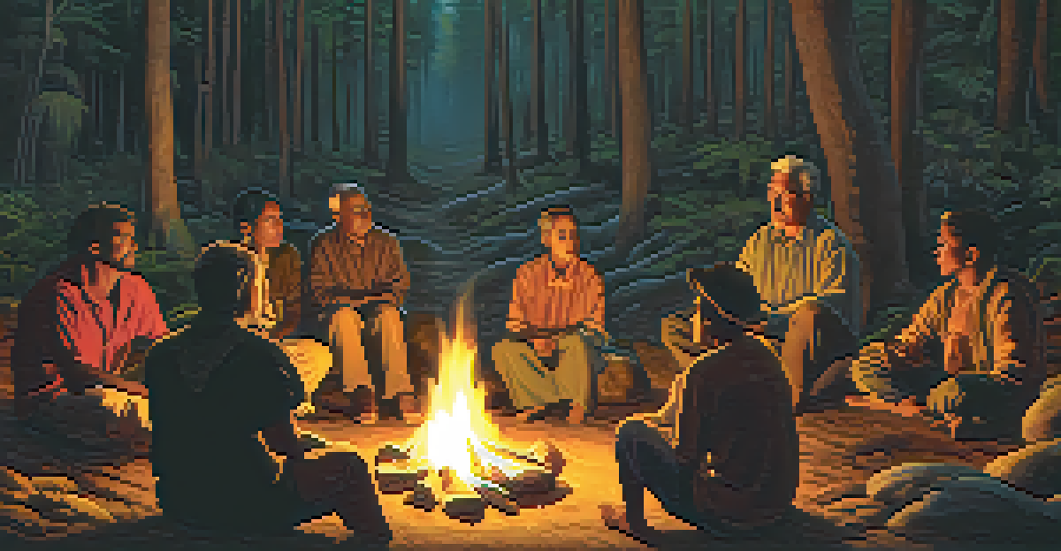 A group of people gathered around a campfire, listening to an elder tell the Boi Tatá legend, with the warm firelight creating a cozy atmosphere.