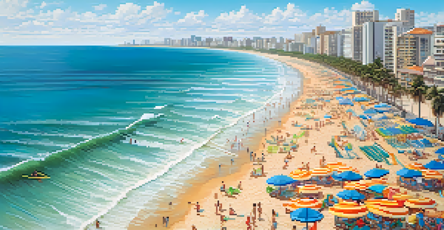 Aerial view of Fortaleza's coastline with surfers and beachgoers enjoying the sun and surf.