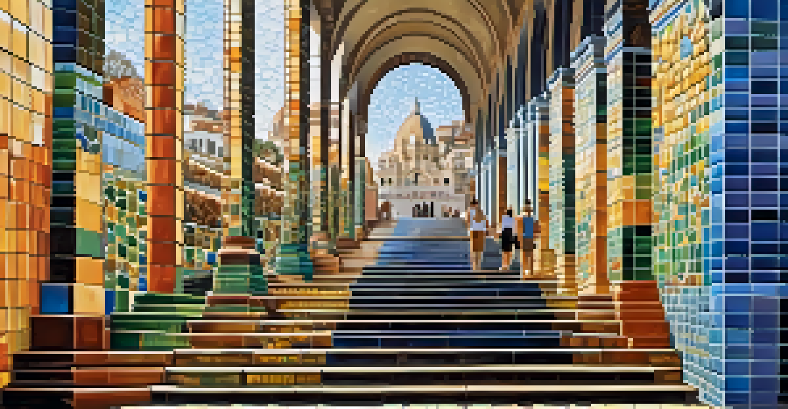The Selarón Steps, a colorful mosaic staircase featuring intricate tiles, with visitors admiring the artwork.