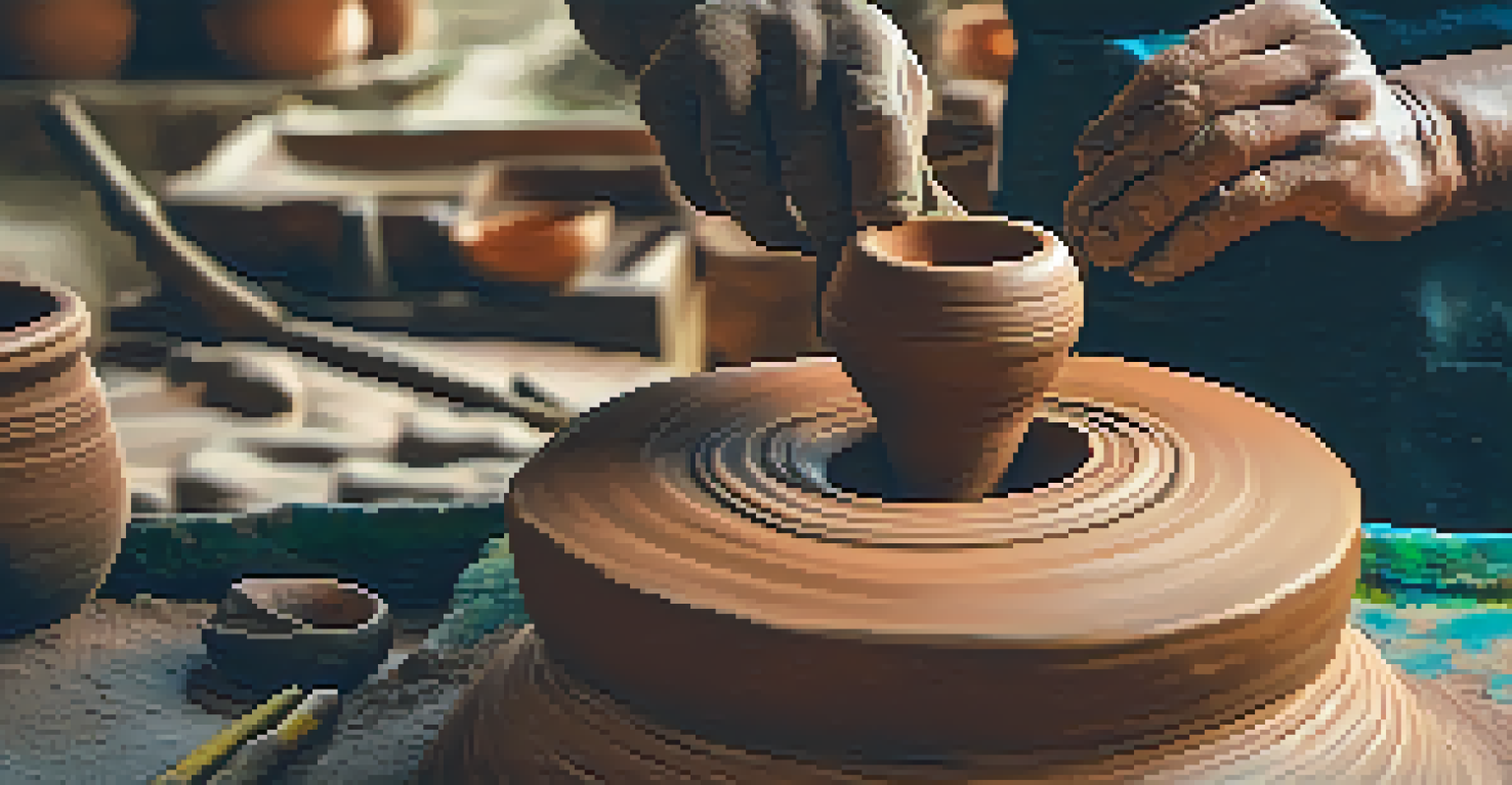 An artist shaping clay on a pottery wheel in a Brazilian workshop, surrounded by colorful pottery pieces and tools, with soft lighting highlighting the textures.