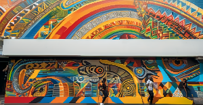A colorful street art mural featuring indigenous and African designs in São Paulo, with people observing the art in an urban environment.