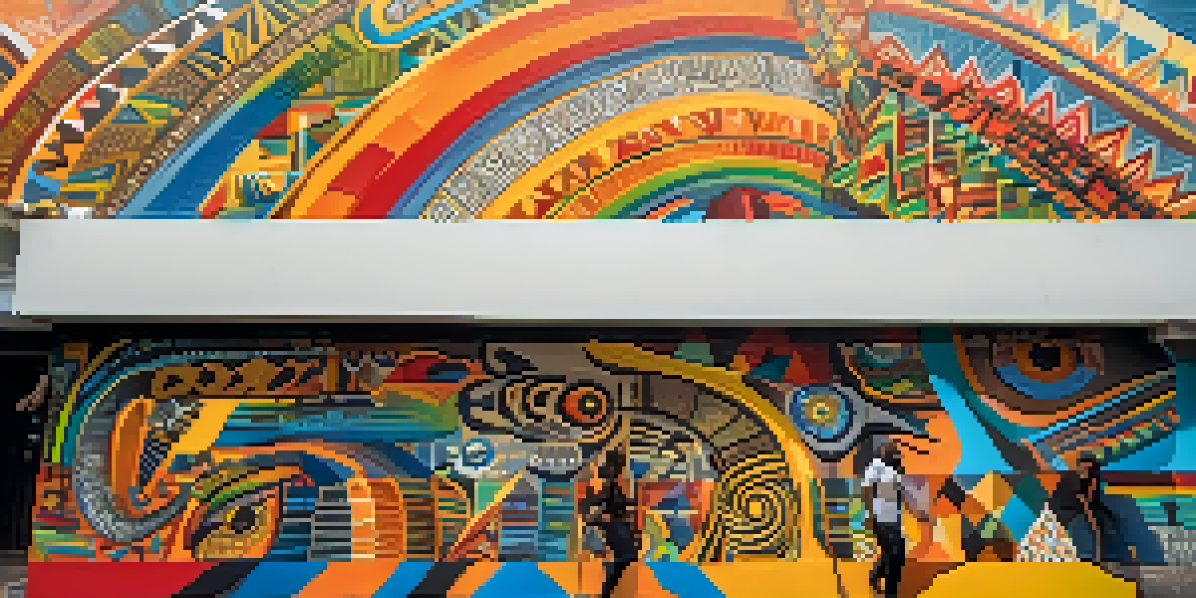 A colorful street art mural featuring indigenous and African designs in São Paulo, with people observing the art in an urban environment.