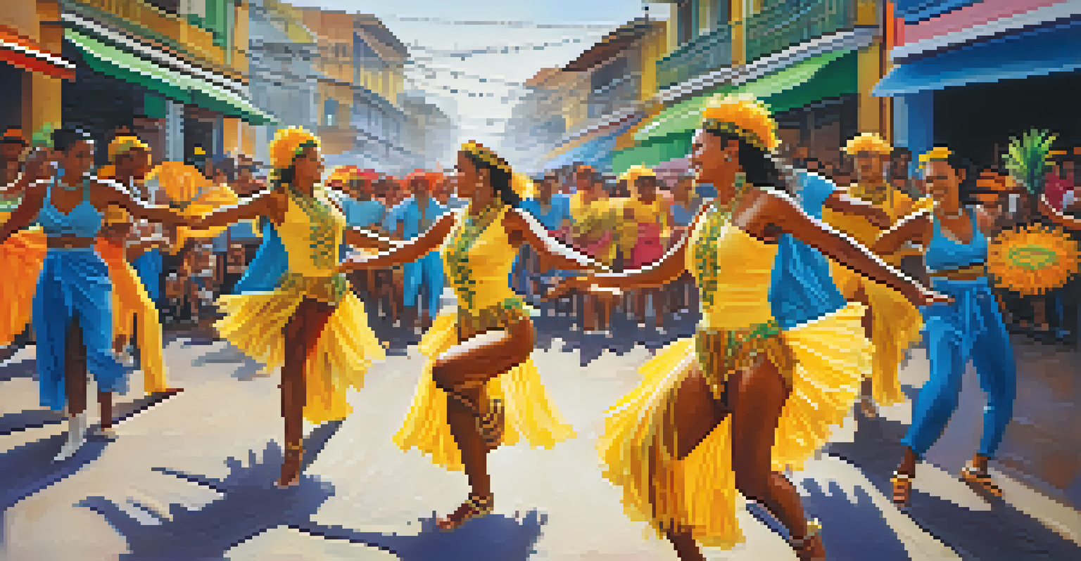 Samba dancers performing at a Brazilian street festival, surrounded by colorful decorations and enthusiastic onlookers.