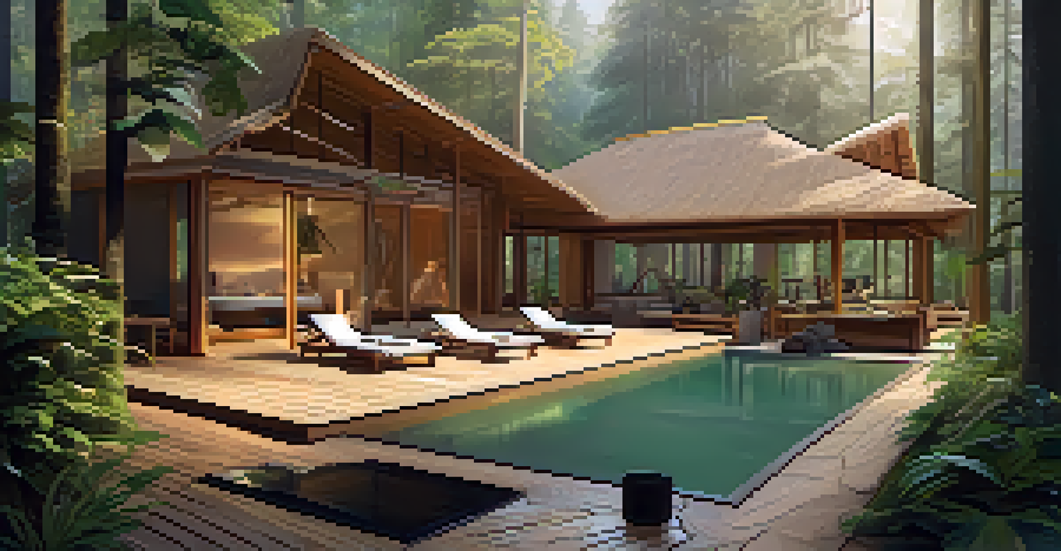 A wellness eco-lodge in a forest, featuring an outdoor yoga area and spa treatments, with guests practicing yoga surrounded by greenery and morning light.