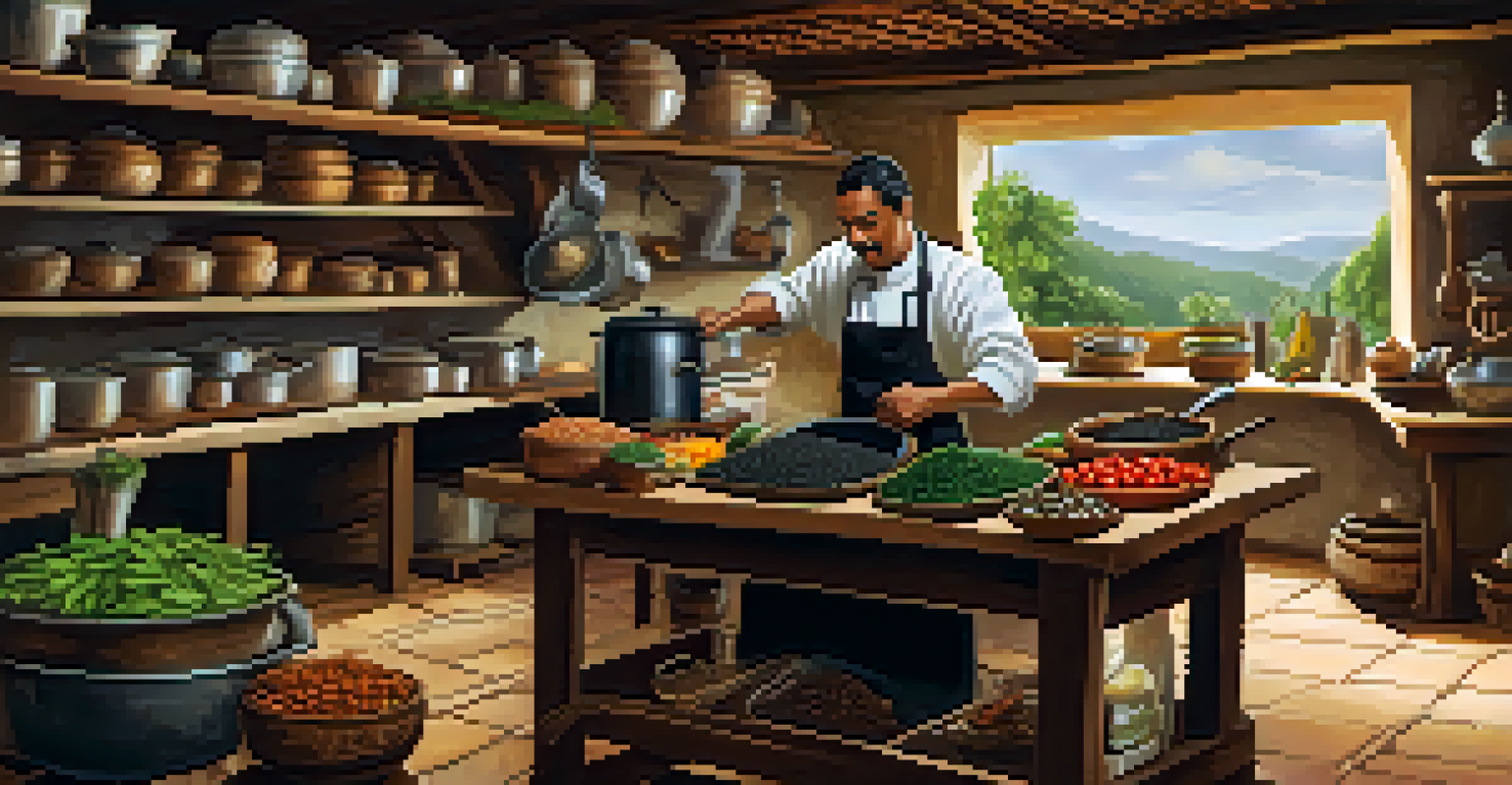 A rustic Brazilian kitchen with a chef cooking feijoada over a wood-fired stove, surrounded by fresh ingredients and spices.