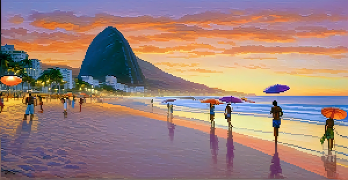 A tranquil beach at sunset with people relaxing on the sand, beach umbrellas, and mountains in the background.