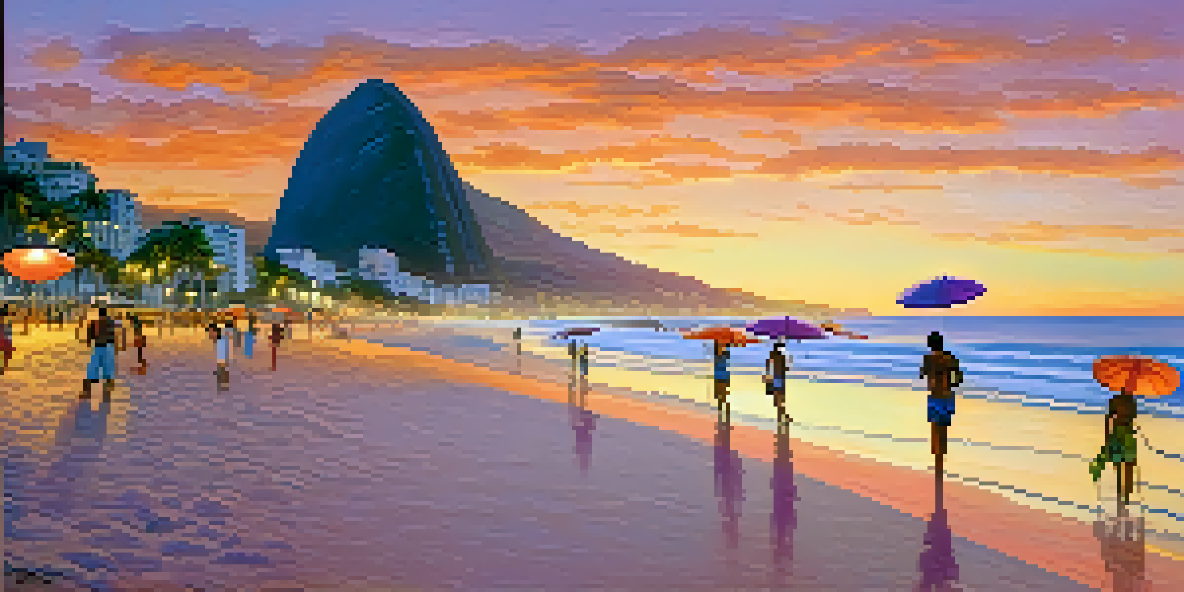 A tranquil beach at sunset with people relaxing on the sand, beach umbrellas, and mountains in the background.