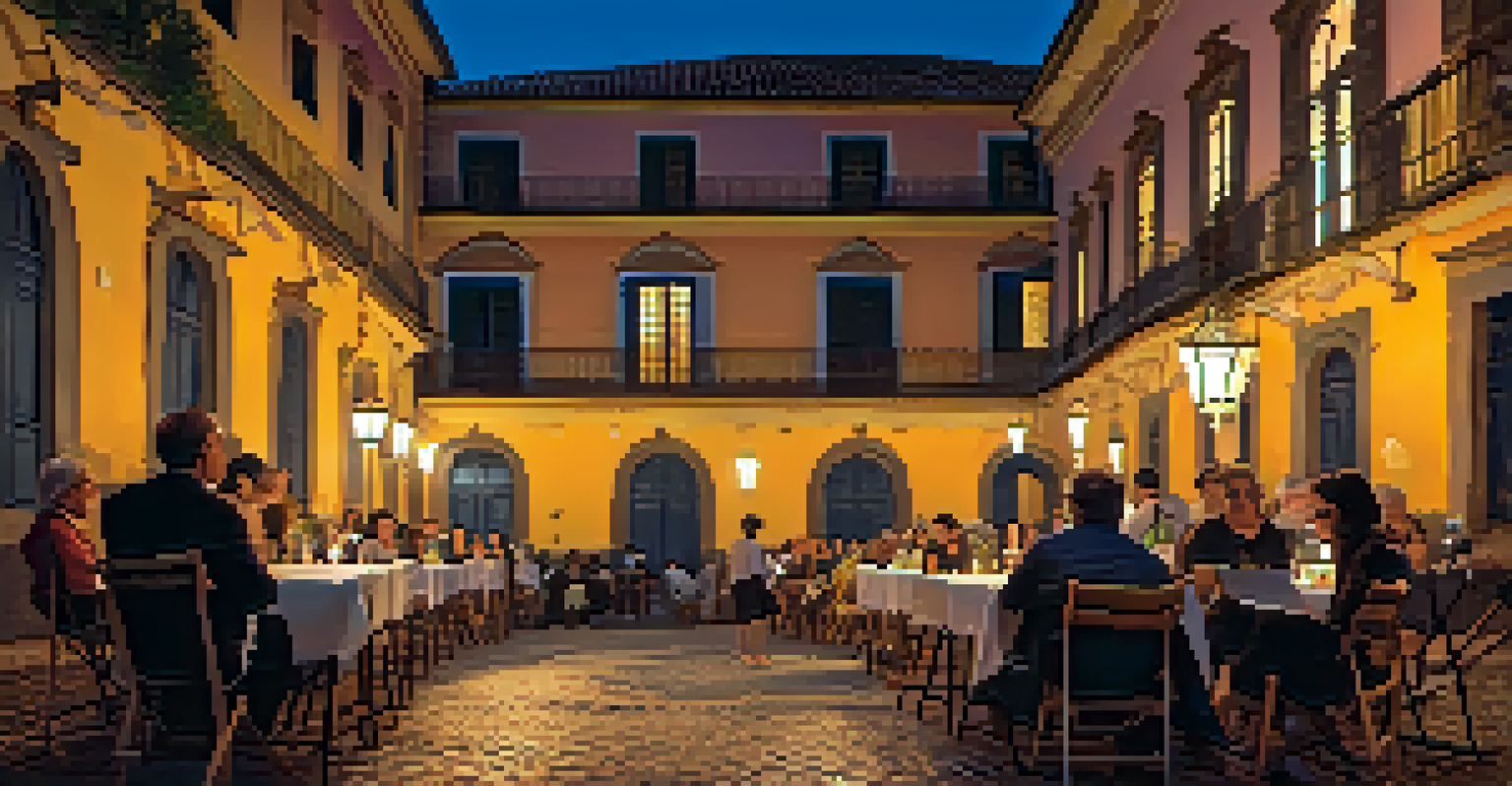 An author reading poetry to an attentive audience in a cozy courtyard, surrounded by baroque architecture and soft ambient lighting.