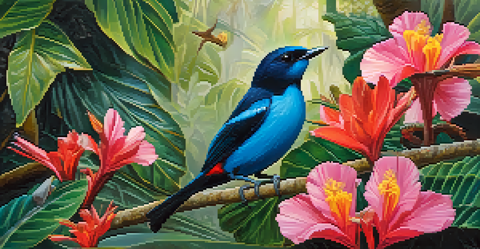 A Brazilian blue manakin dancing among colorful flowers in Tijuca National Park, highlighting the bird's vibrant blue feathers.