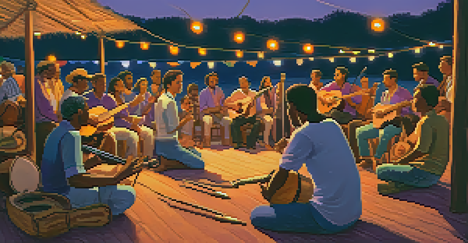 A cozy scene at a Brazilian folk music festival with musicians playing traditional instruments and attendees enjoying the music under string lights.