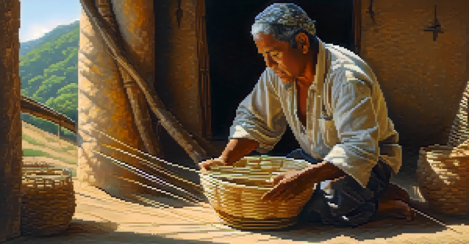 An artisan weaving a basket in Brazil, showcasing their hands and the weaving process in warm sunlight.