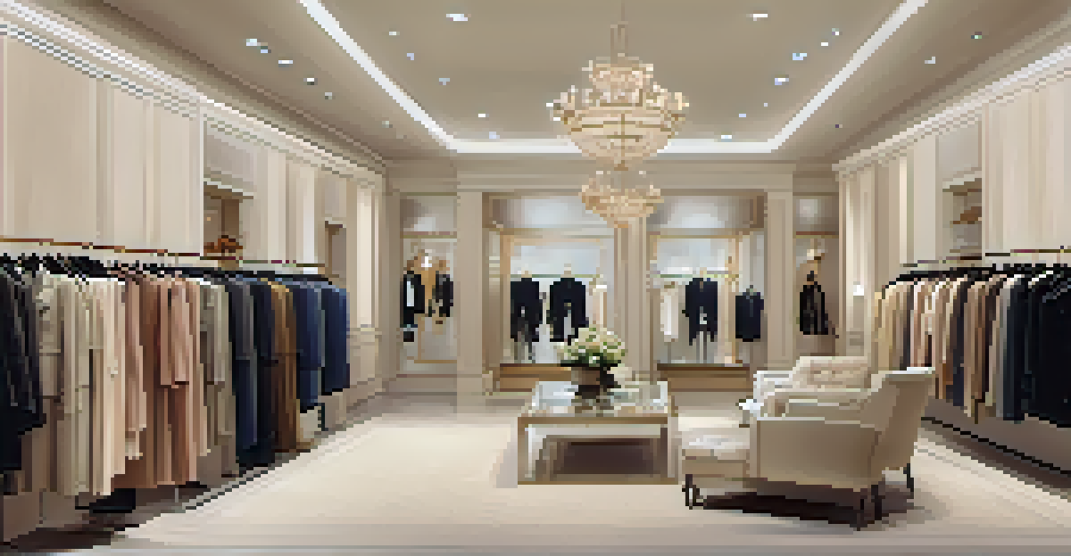A sophisticated fashion boutique displaying timeless clothing items like blazers and dresses in a soft-lit environment.