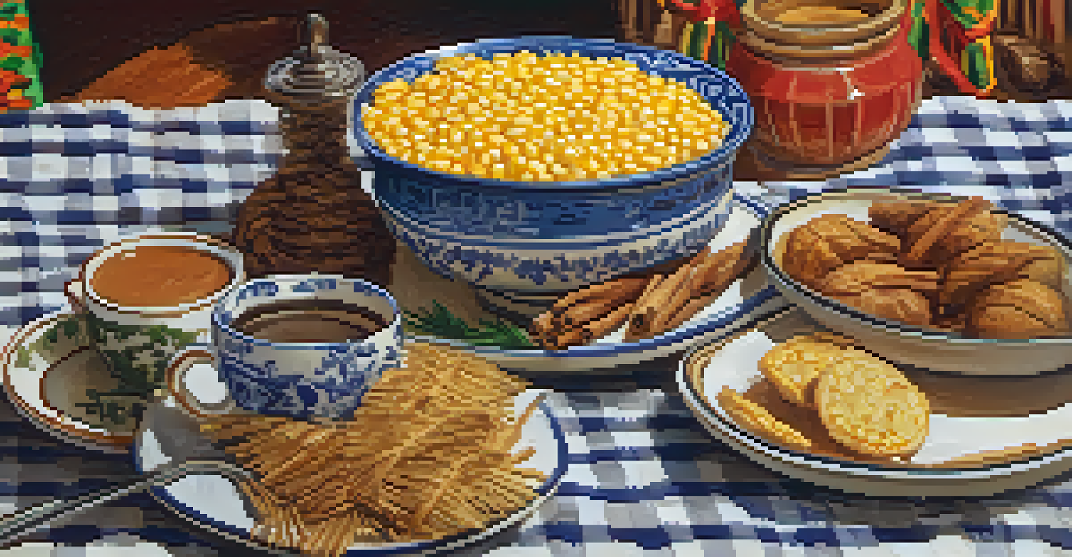 A close-up of traditional Festa Junina foods including canjica, pamonha, and quentão on a rustic table with checkered cloth.