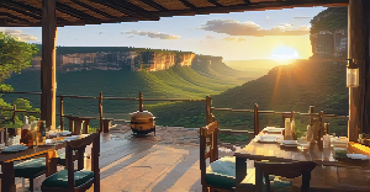 An eco-lodge in Chapada Diamantina with visitors in a cooking class, featuring wooden architecture and stunning mountain views.