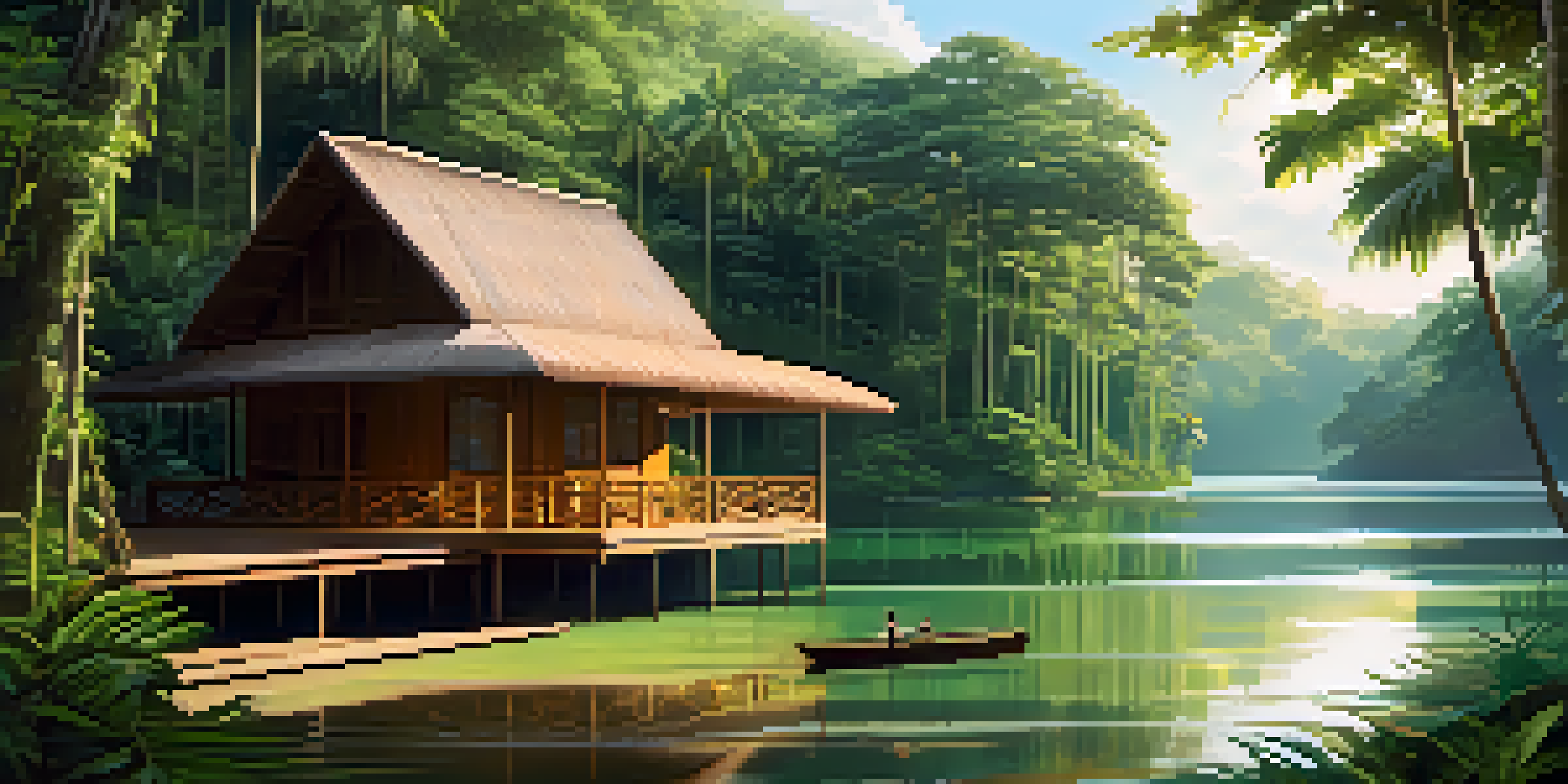 An eco-lodge in the Amazon rainforest surrounded by trees and a river, with sunlight filtering through the leaves.