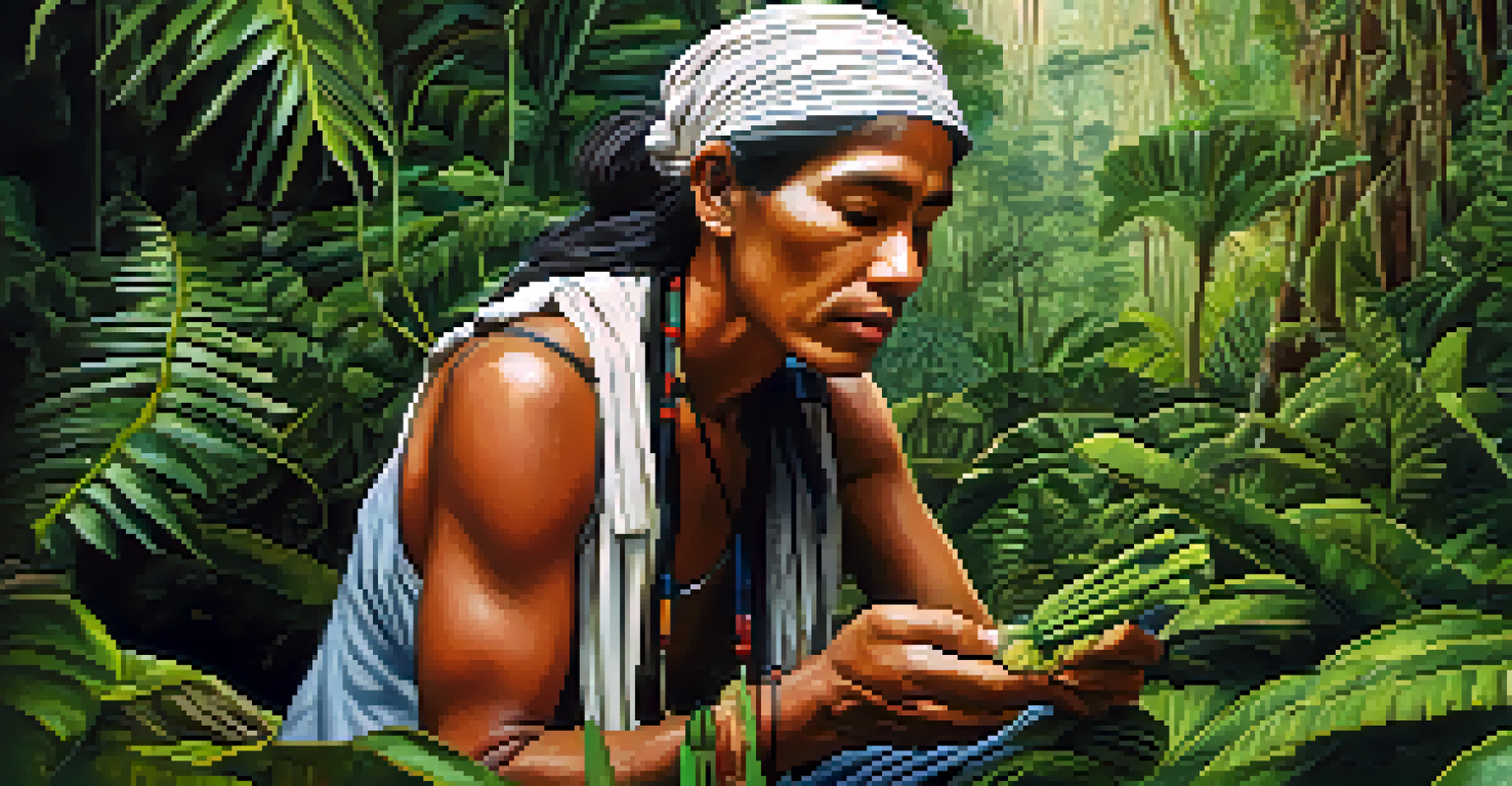 A Guarani healer inspecting medicinal plants in the rainforest, showcasing the plants and the healer's concentration in a vibrant green setting.