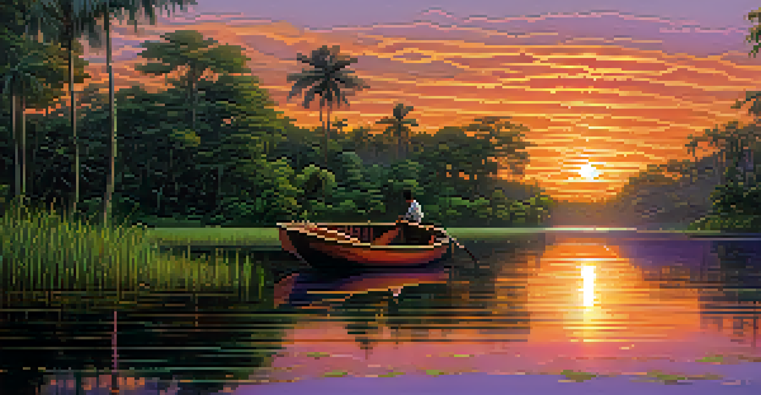A peaceful sunset over the Amazon River, with a wooden boat and vibrant colors in the sky.