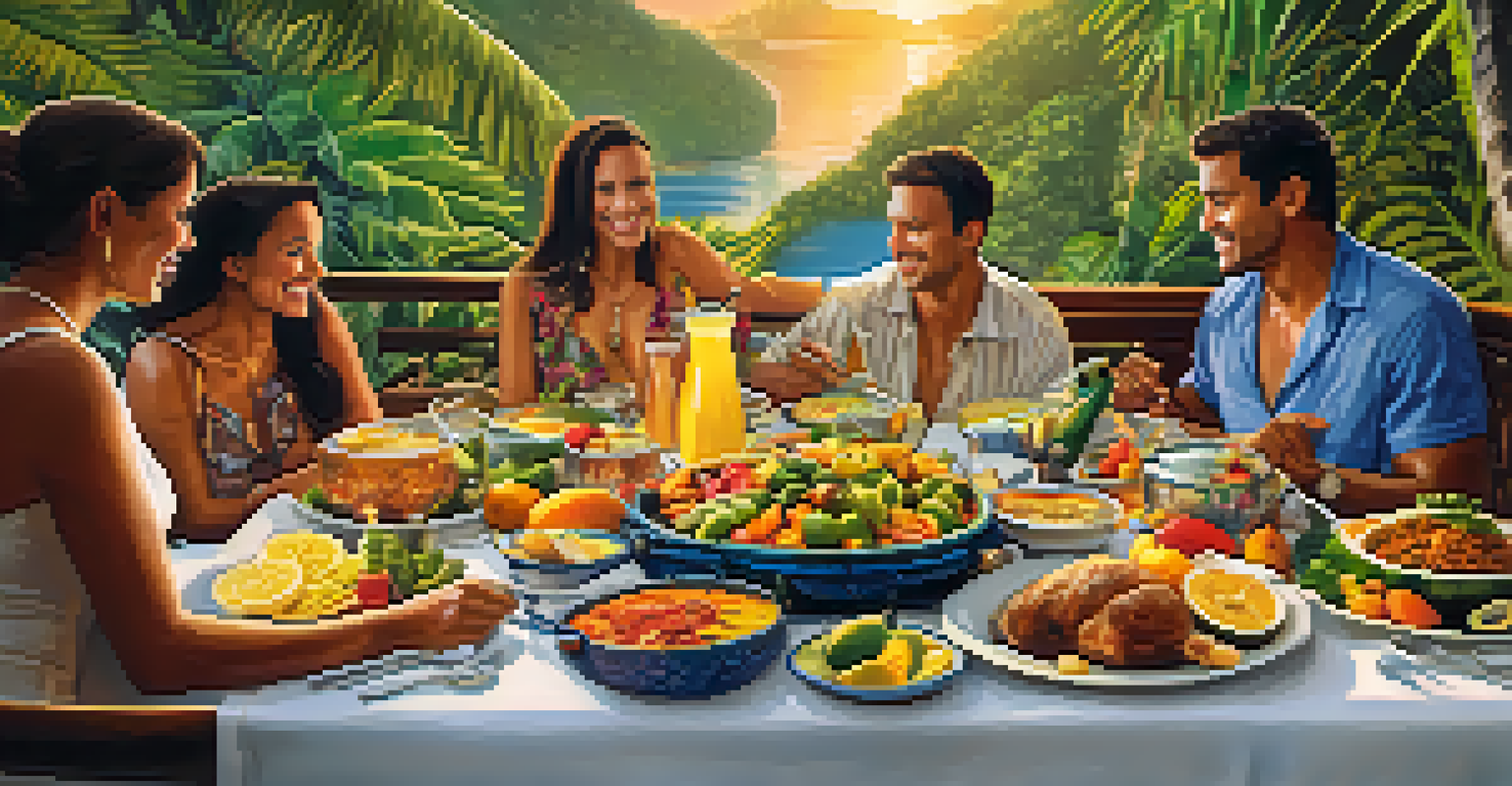 A table set with traditional Brazilian dishes on a river cruise, featuring colorful food and guests enjoying their meal.
