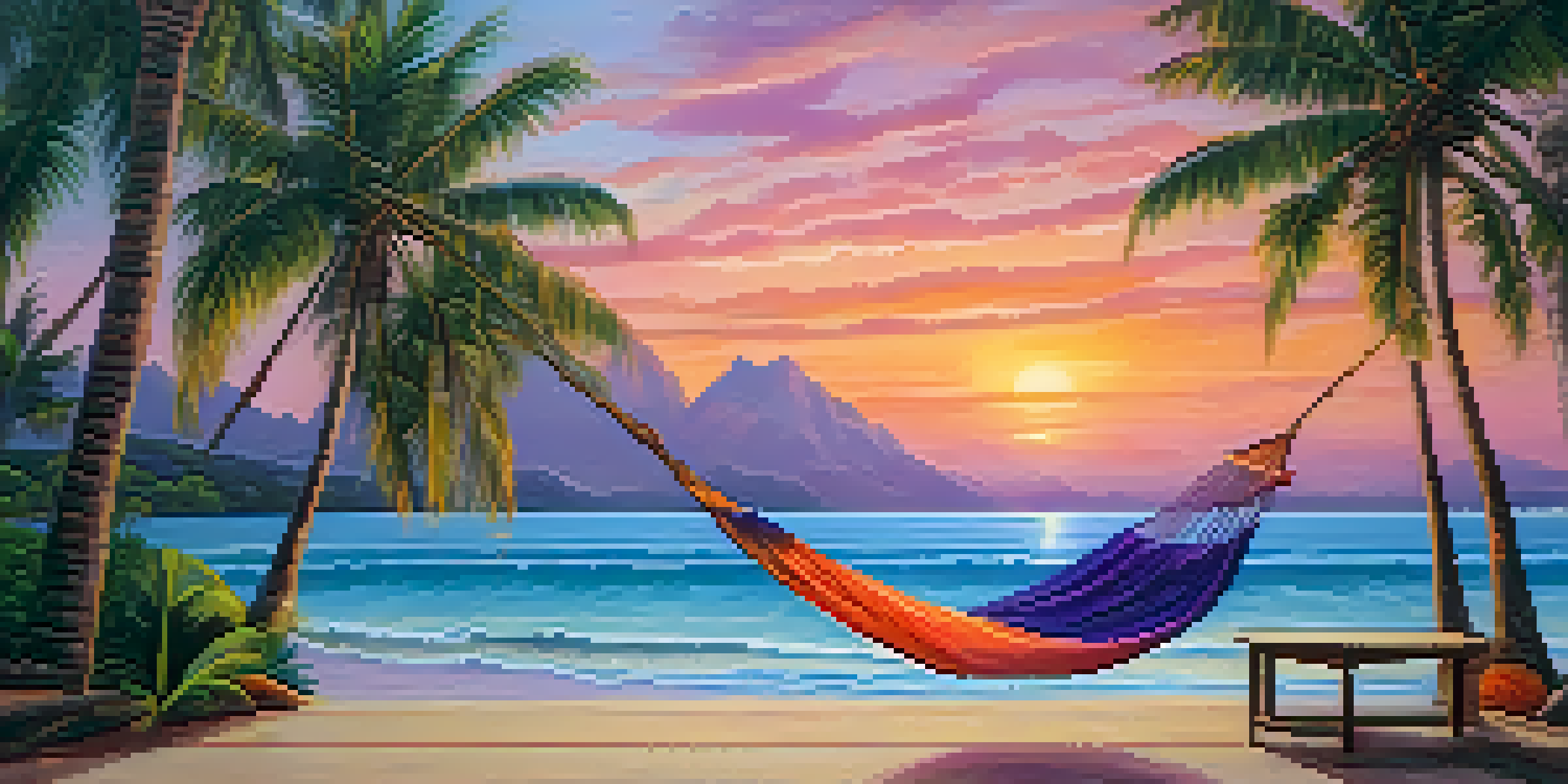 A picturesque beach at sunrise with gentle waves, a hammock between palm trees, and tropical fruits on a wooden table.
