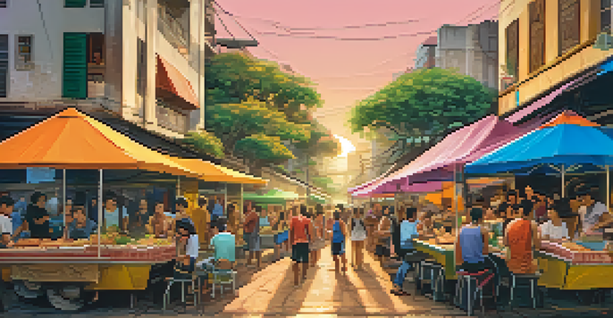 A lively street food market in São Paulo with colorful stalls and people enjoying Brazilian dishes.