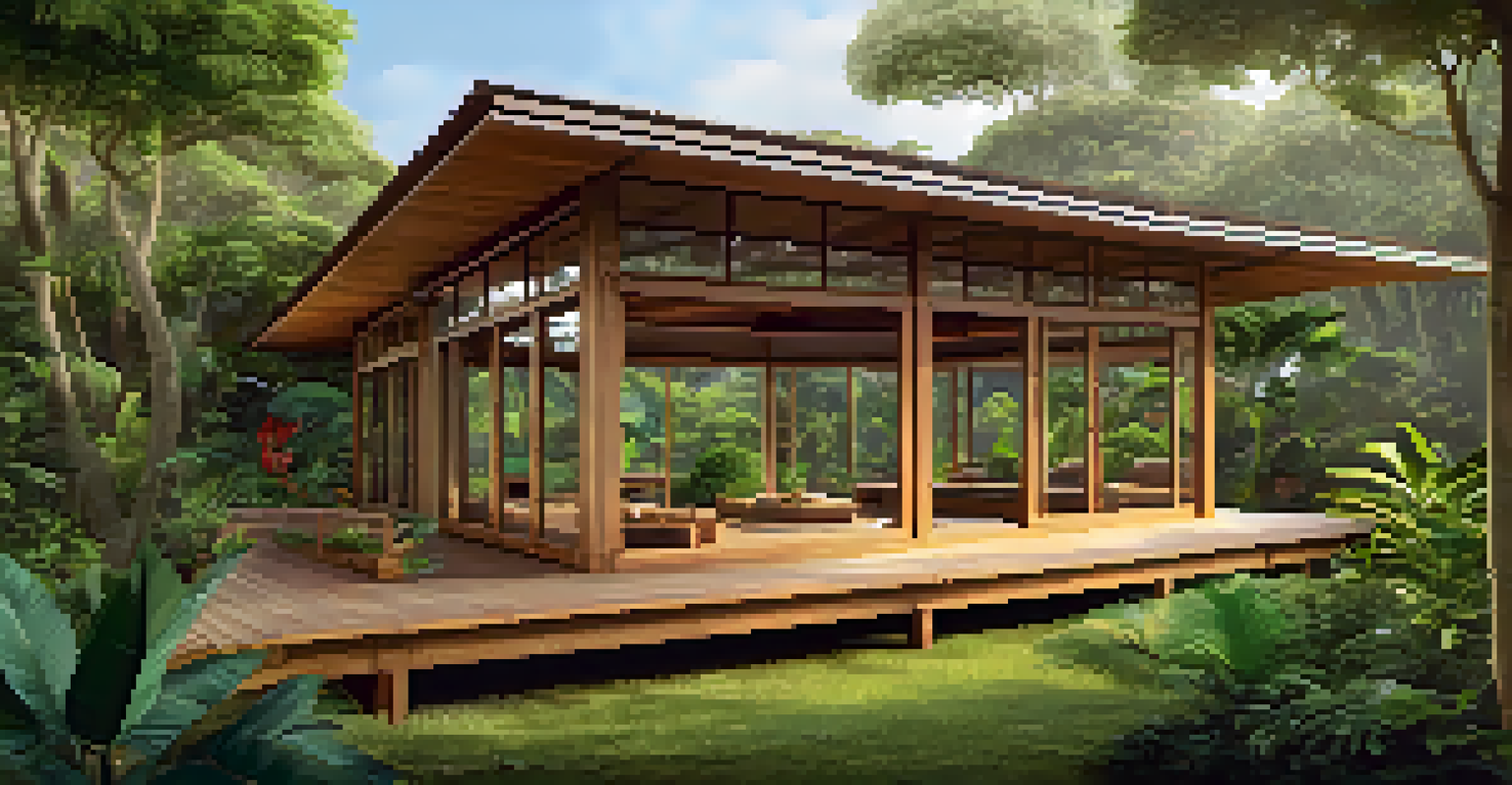 Participants meditating on a wooden deck at an eco-friendly yoga retreat, surrounded by tropical plants.