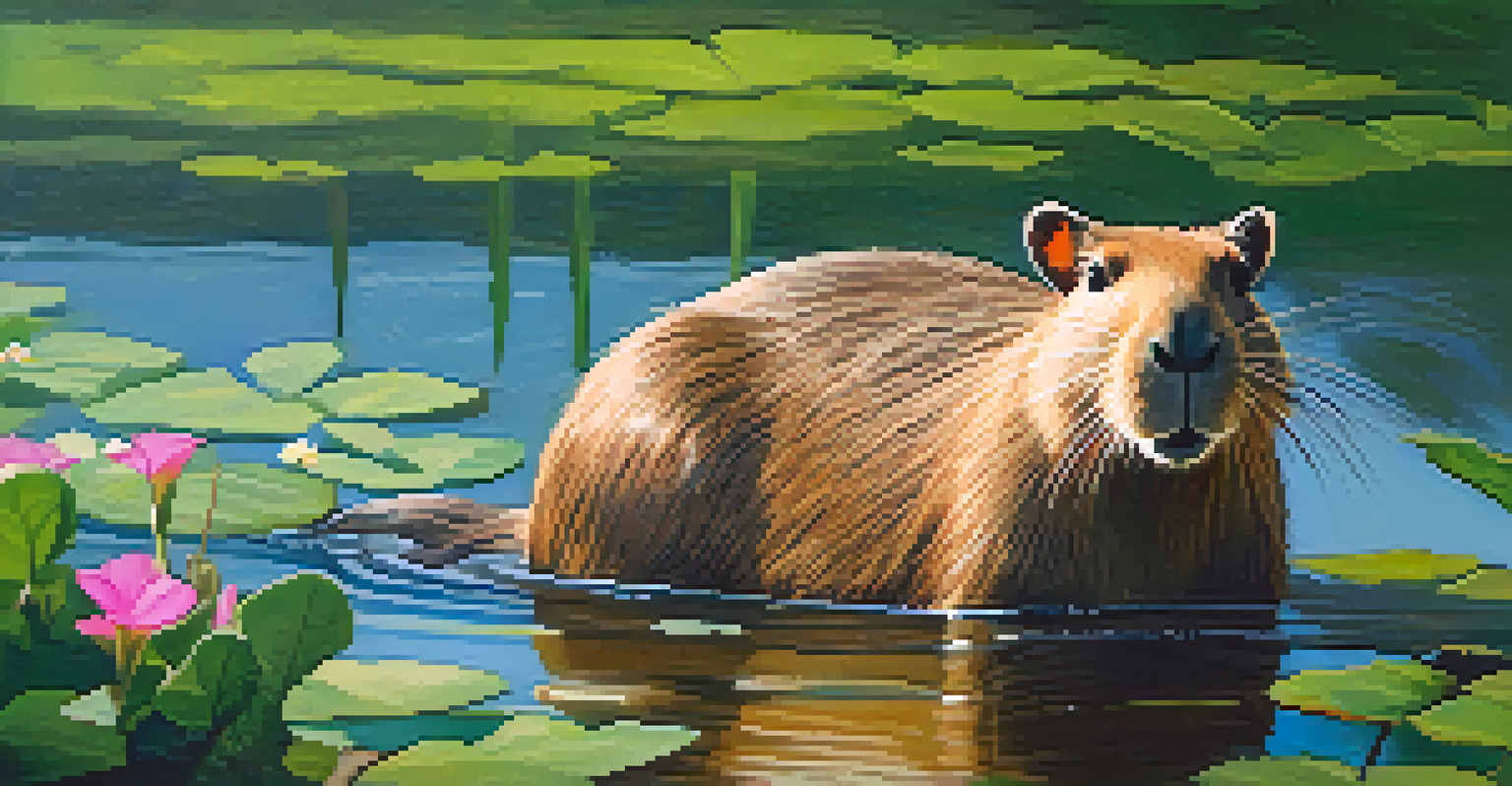 A close-up of a capybara by the water in Brazil's wetlands, with sunlight filtering through the leaves and colorful plants around.