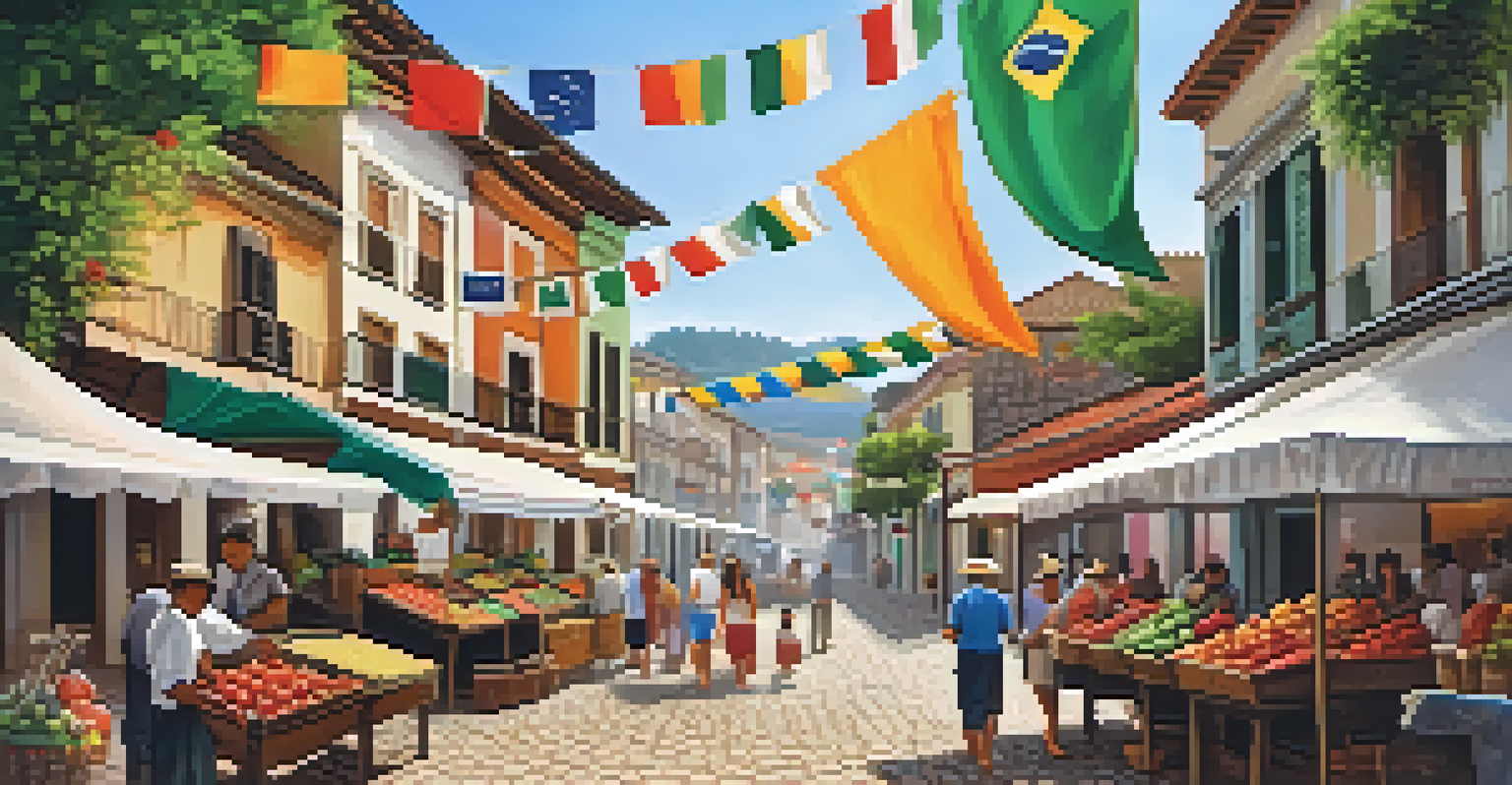 A vibrant historic town market in Brazil, showcasing cobblestone streets and local vendors selling crafts and food.