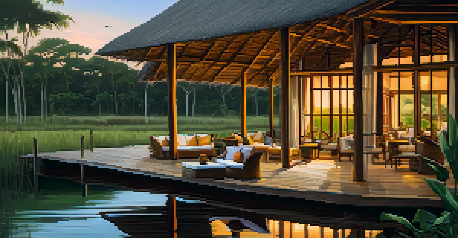 An elegant lodge in the Pantanal, with guests having breakfast on a terrace surrounded by wetlands.