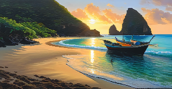 A vibrant sunset at Praia do Sancho, with turquoise waters, dramatic cliffs, and palm trees, creating a serene coastal scene.