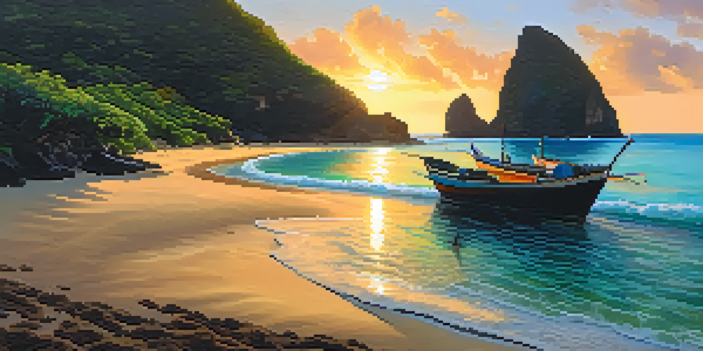 A vibrant sunset at Praia do Sancho, with turquoise waters, dramatic cliffs, and palm trees, creating a serene coastal scene.