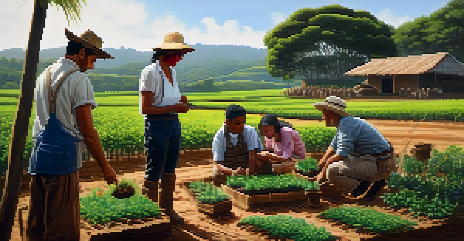 A farmer teaching urban tourists how to plant seedlings on a Brazilian farm, with sunlight filtering through trees.