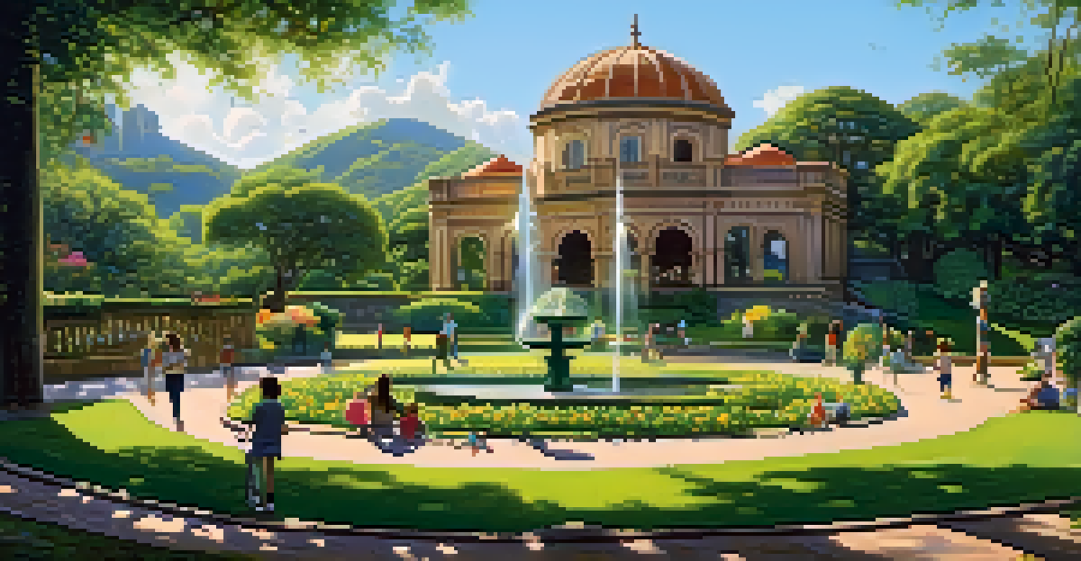 A beautiful park scene at Parque Lage, with families picnicking, children playing, and sunlight filtering through the trees.