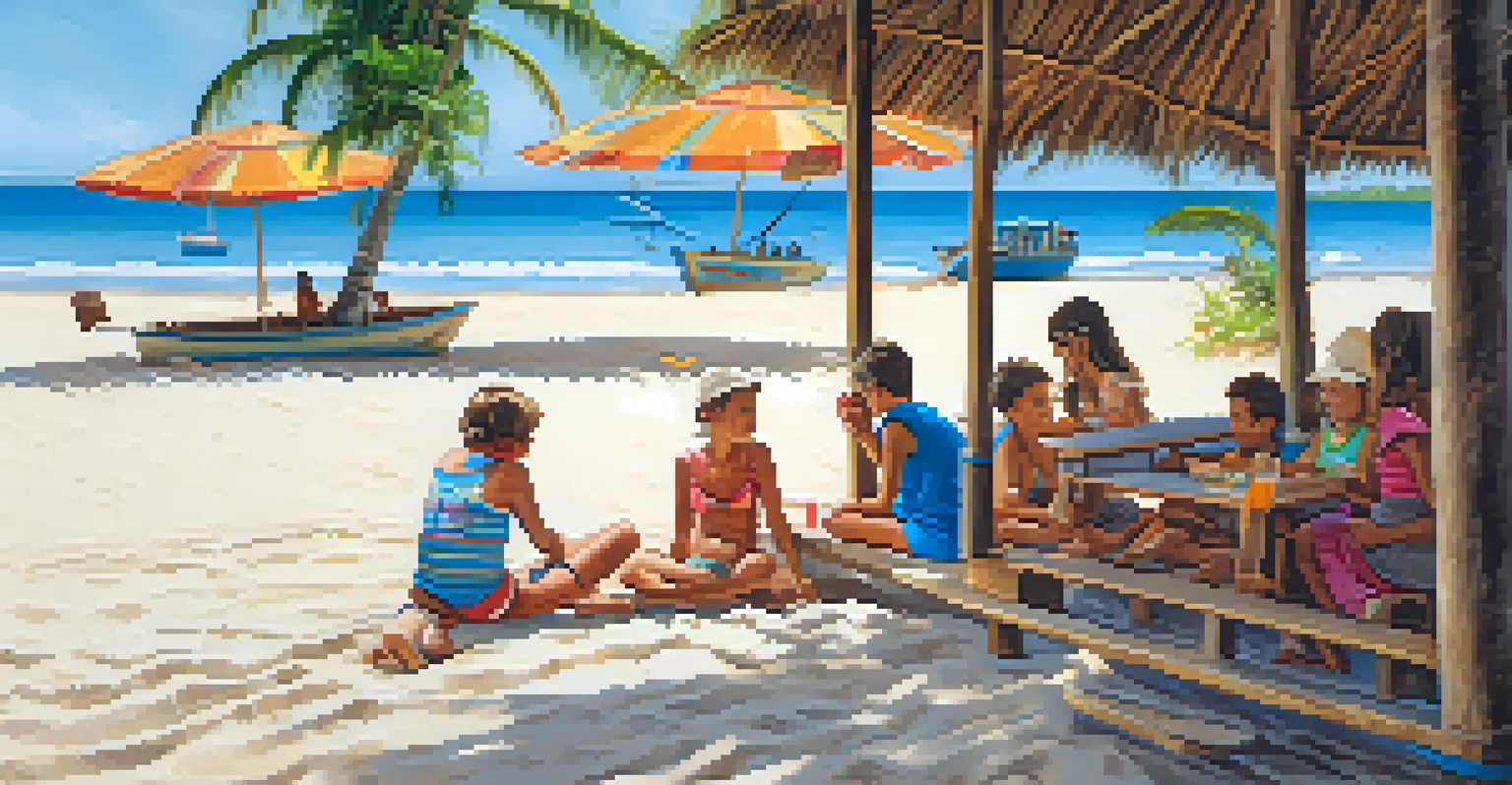 A family enjoying a beach stop during a boat tour in Bahia, Brazil.