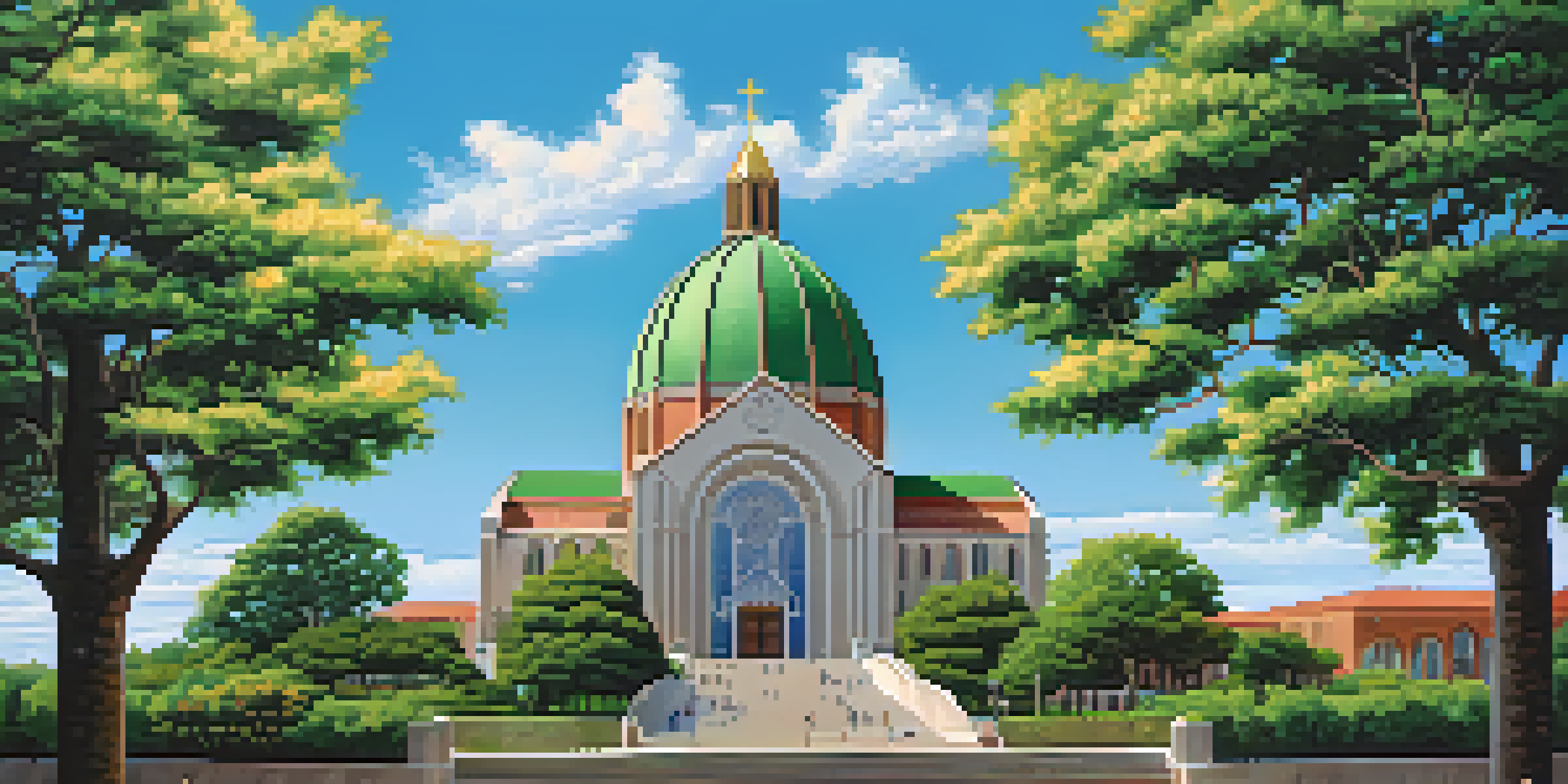 A large modern church with a grand dome and stained glass windows surrounded by trees and a clear blue sky.