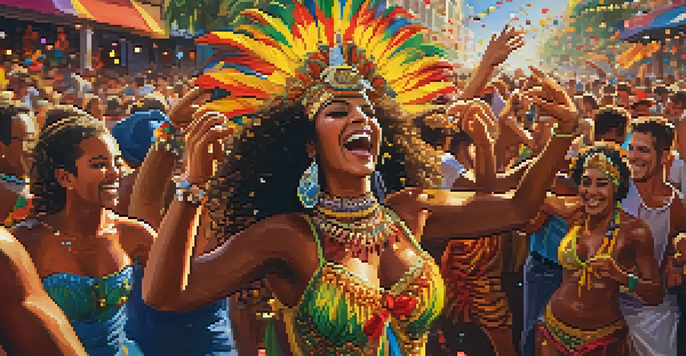 A lively samba dance scene featuring dancers in colorful costumes and a festive crowd during Carnaval in Rio de Janeiro, with bright lights and confetti.