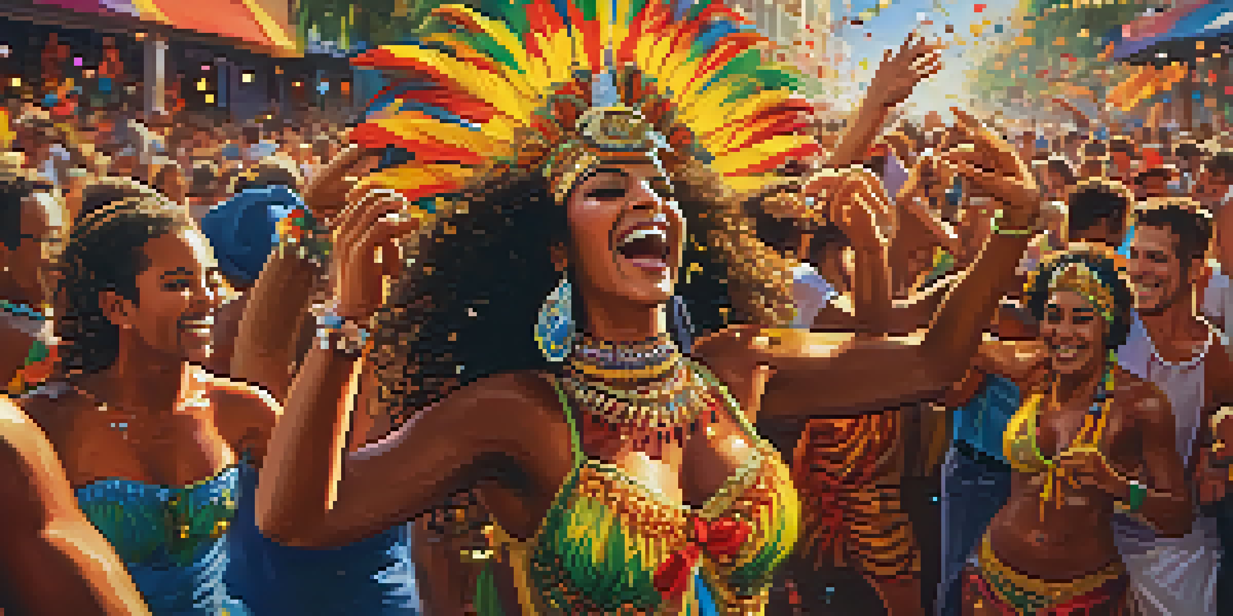 A lively samba dance scene featuring dancers in colorful costumes and a festive crowd during Carnaval in Rio de Janeiro, with bright lights and confetti.
